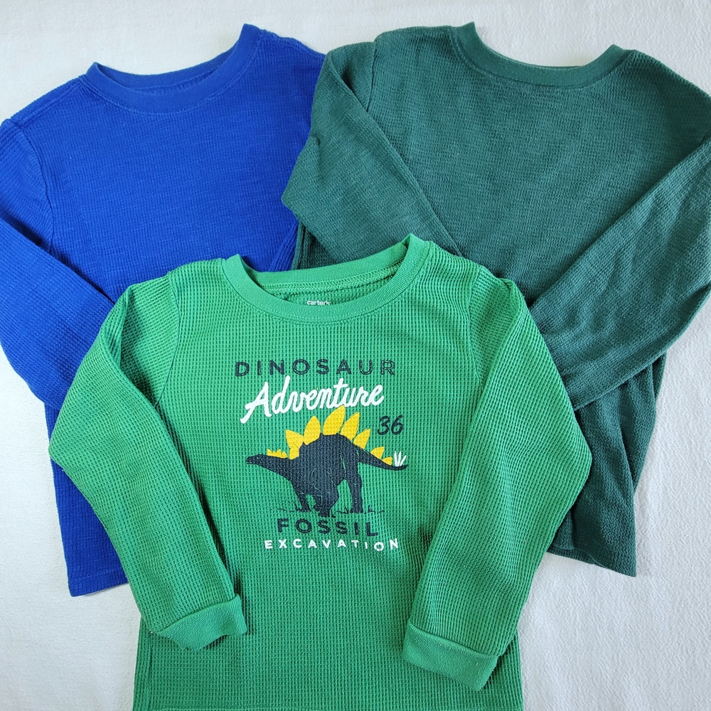 Lot Of 3 Long Sleeve Waffle Knit T-Shirts Sz 4/5 Back To School Dinosaur Fossil